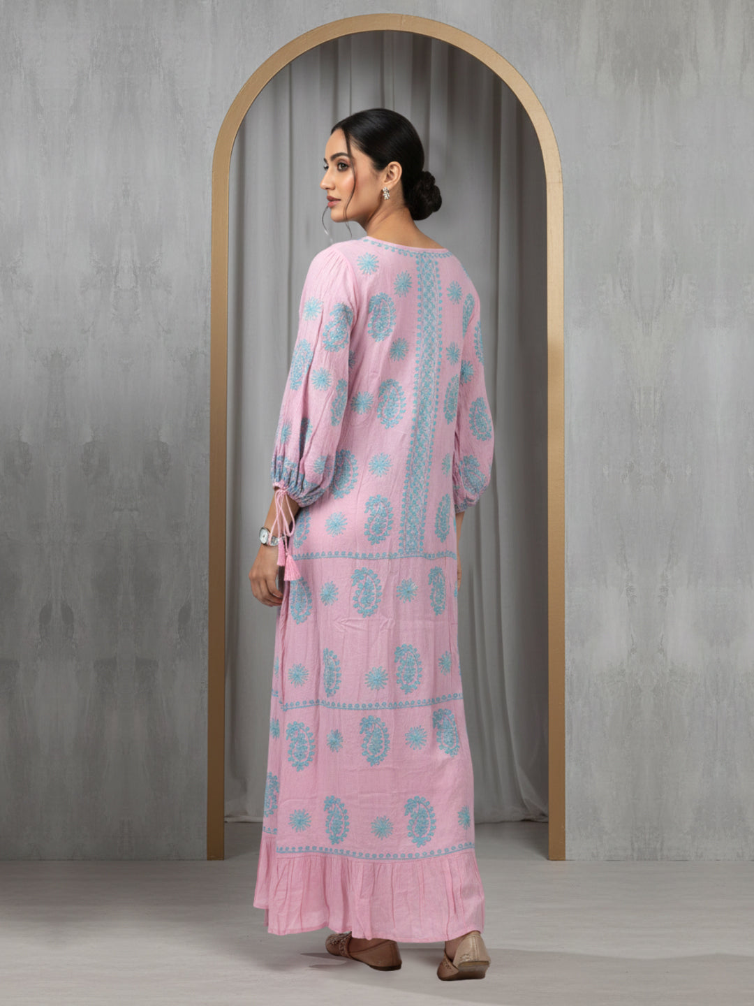 Hand Embroidered Chikankari Rayon Jalabiya-AL4048 Pink