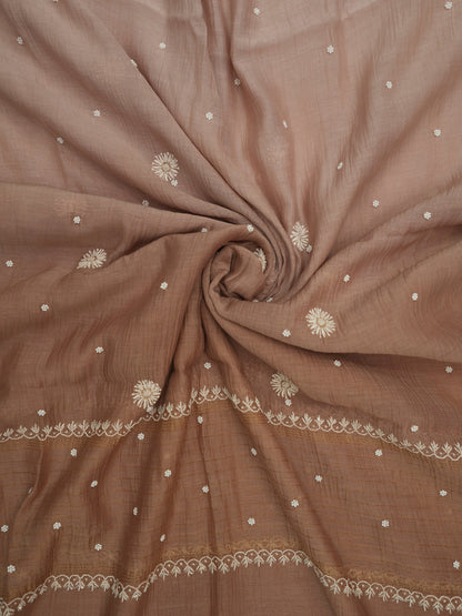 Women Hand Embroidered Premium Chikankari Mul Chanderi Unstitched Kurta Dupatta Bottom Set-ALSCA85201FS Brown