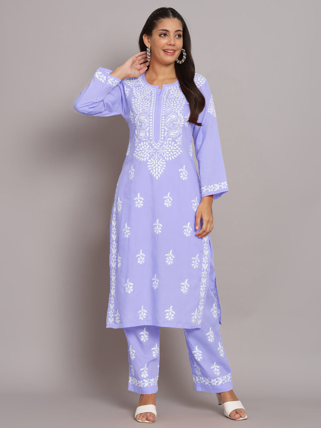 Women Hand Embroidered Chikankari Cotton Kurta Set-AL3674KS Mauve