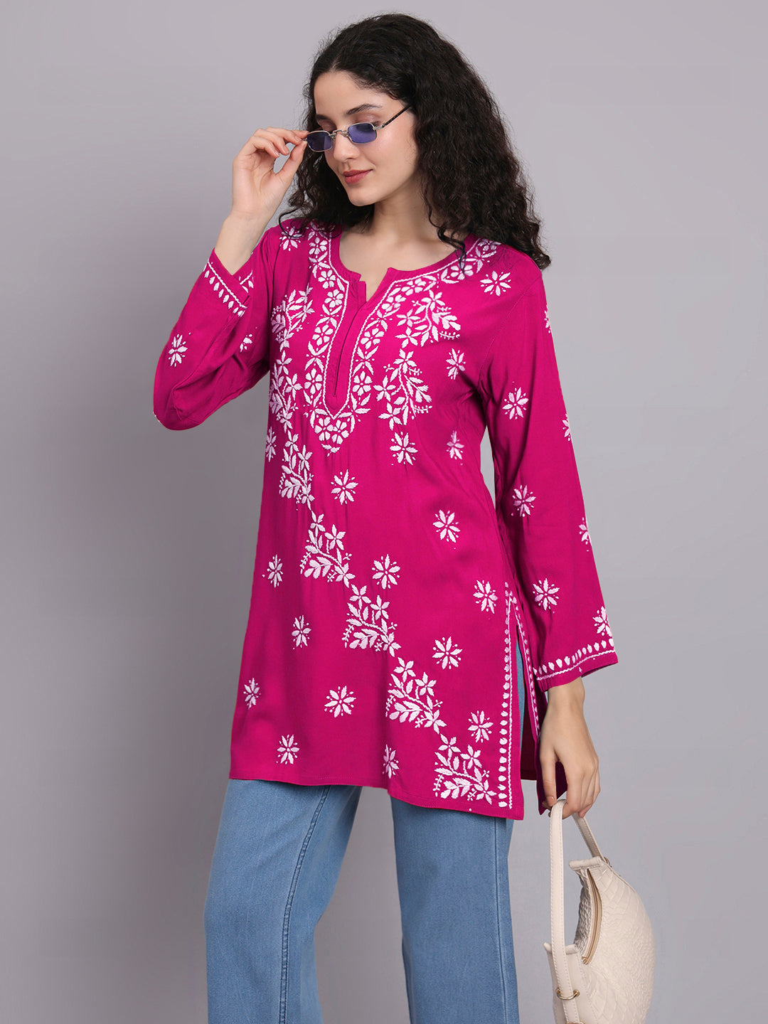 Women Hand Embroidered Chikankari Rayon Short Kurti-AL4071 Magenta