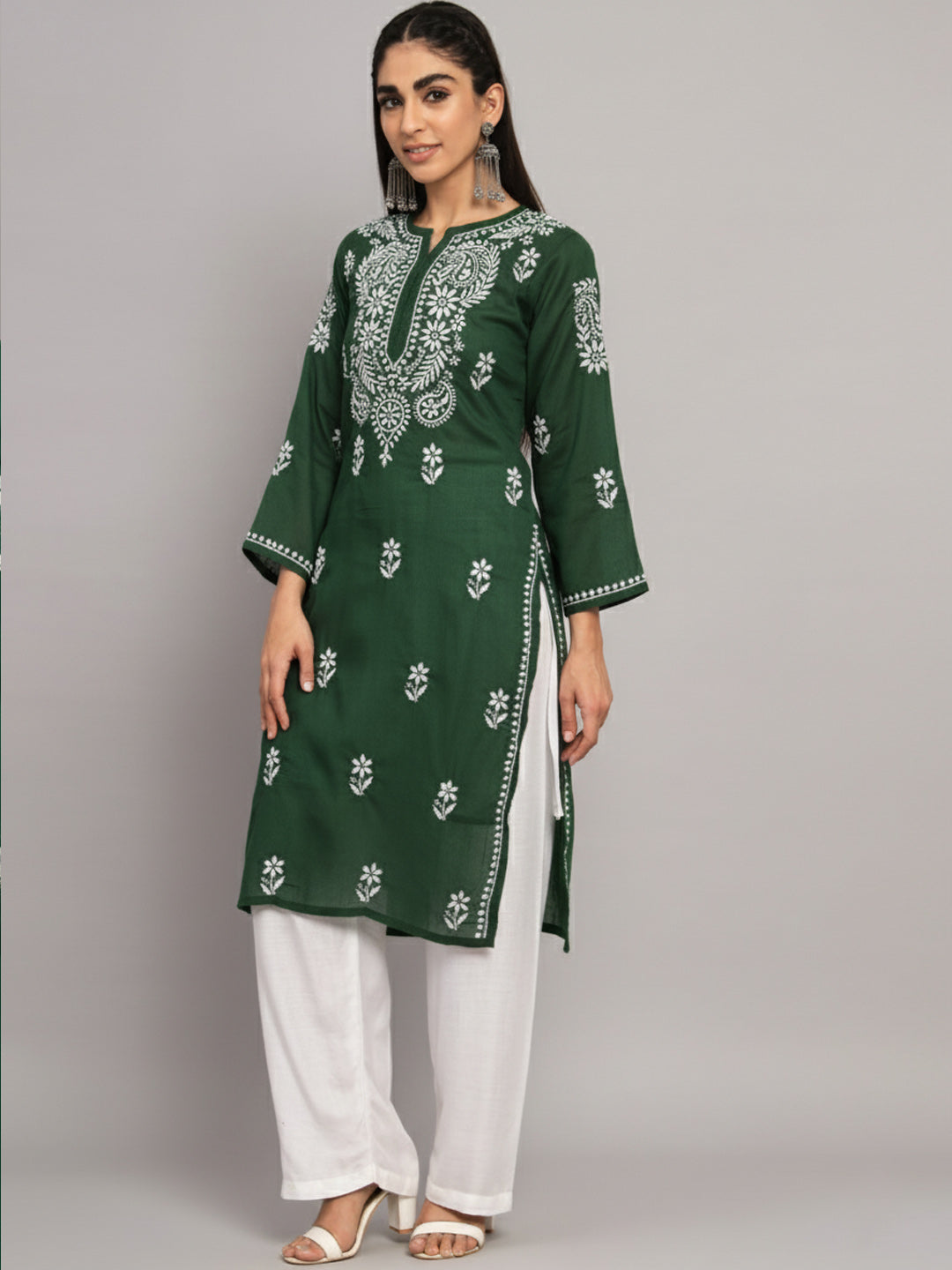 Hand Embroidered Chikankari Cotton Straight Kurta-AL3561 Bottlegreen