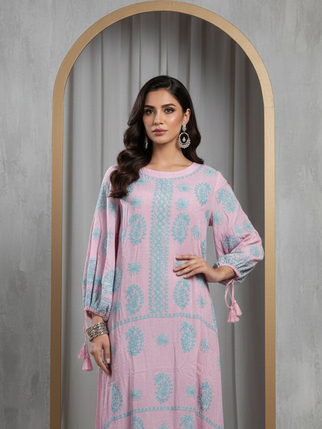 Hand Embroidered Chikankari Rayon Jalabiya-AL4048 Pink