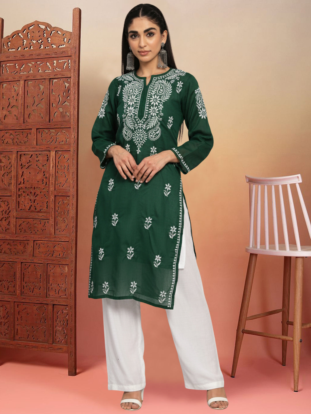 Hand Embroidered Chikankari Cotton Straight Kurta-AL3561 Bottlegreen