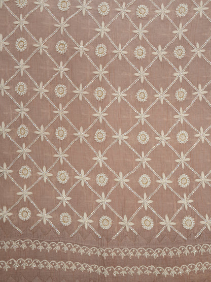 Women Hand Embroidered Premium Chikankari Mul Chanderi Unstitched Kurta Dupatta Bottom Set-ALSCA85201FS Brown