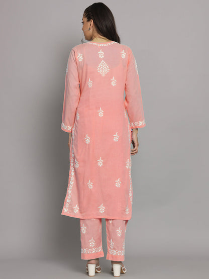 Women Hand Embroidered Chikankari Cotton Kurta Set-AL3674KS Peach