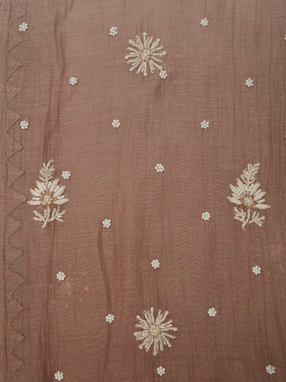 Women Hand Embroidered Premium Chikankari Mul Chanderi Unstitched Kurta Dupatta Bottom Set-ALSCA85201FS Brown