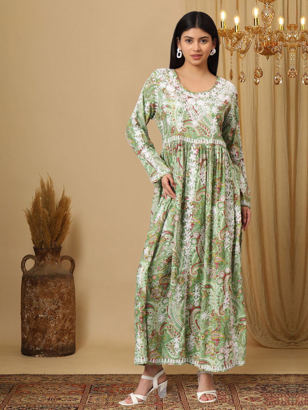 Hand Embroidered Lucknowi Chikankari  Printed Mulmul Cotton Jalabiya-AL3936 Green & Maroon