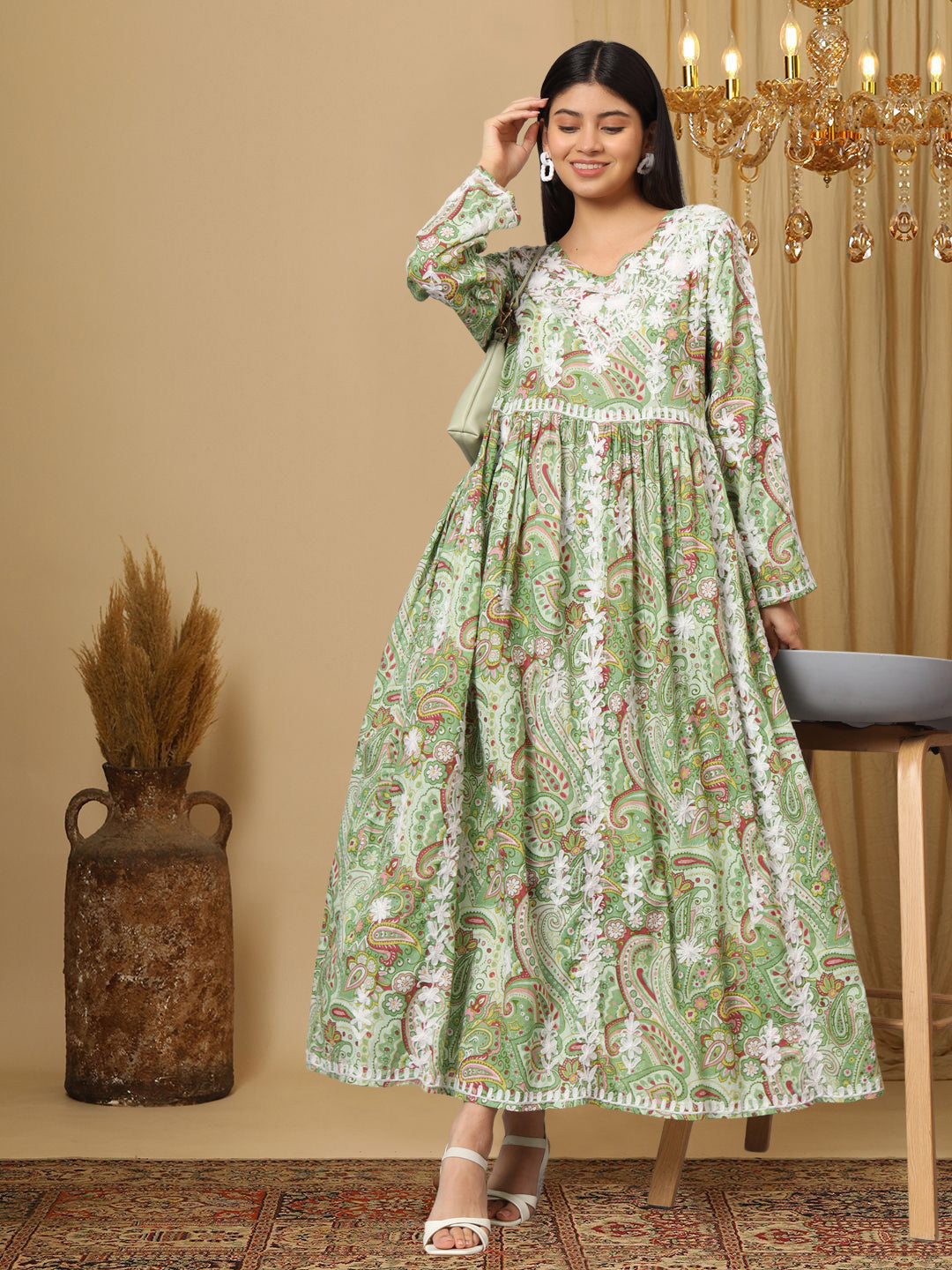 Hand Embroidered Lucknowi Chikankari  Printed Mulmul Cotton Jalabiya-AL3936 Green & Maroon