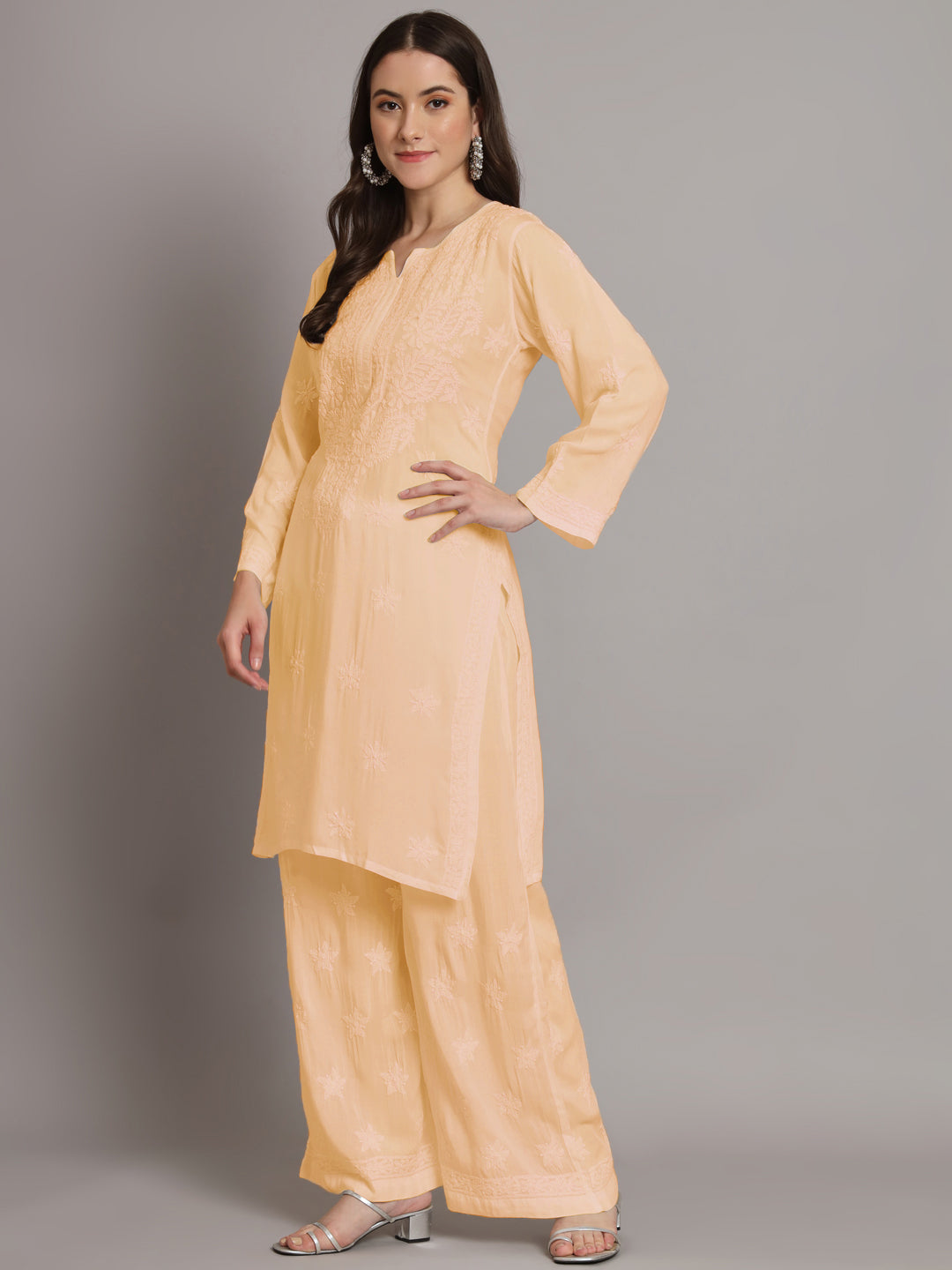 Hand Embroidered Chikankari Modal Kurta with Palazzo- AL3662KS Orange