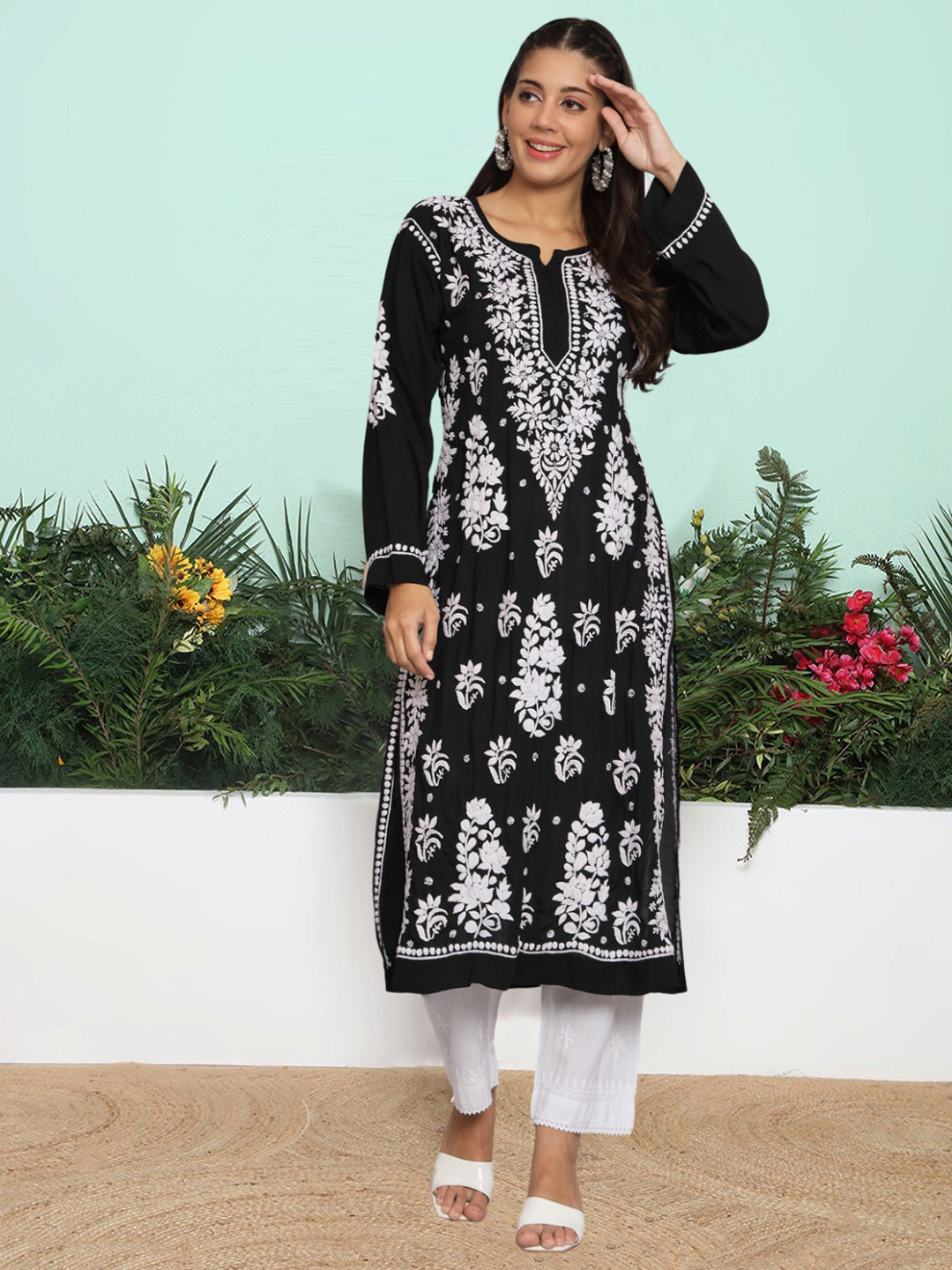 Hand Embroidered Chikankari Modal Straight Kurta-AL3682 Black