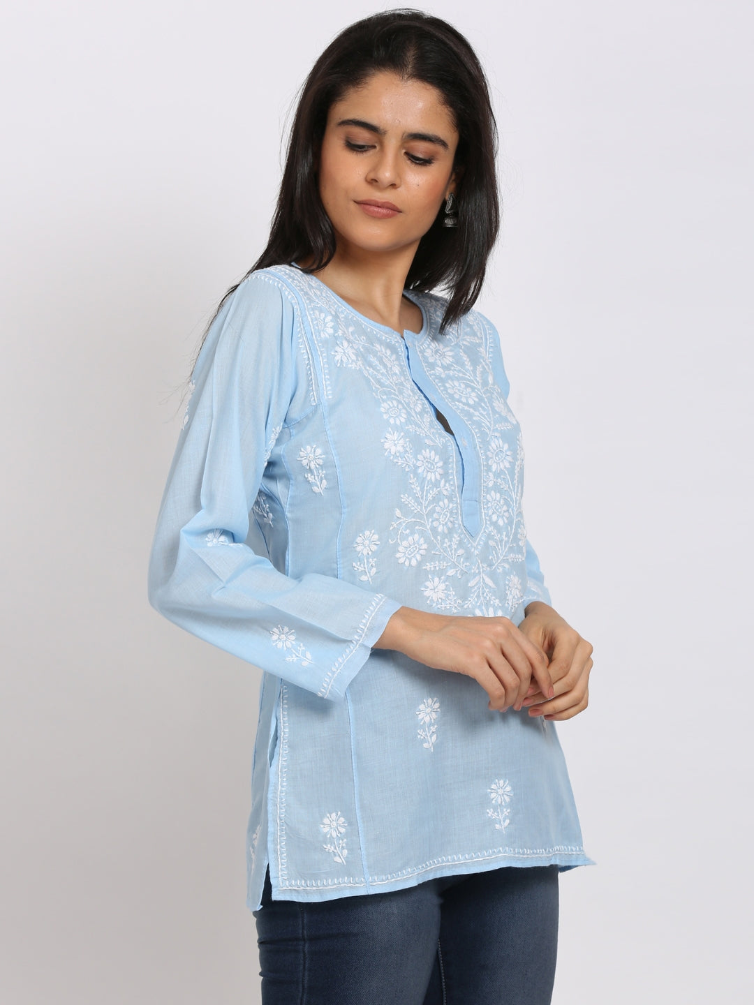 Women Hand Embroidered Chikankari Cotton Kurti-ALSTV115 Denimblue