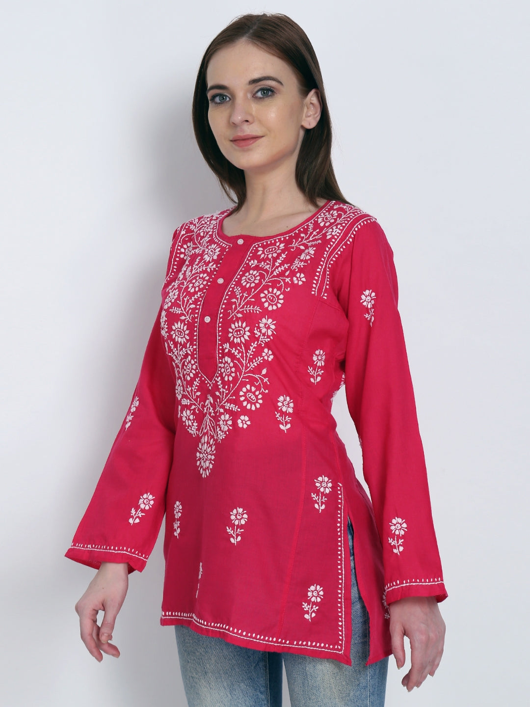 Women Hand Embroidered Chikankari Cotton Kurti-ALSTV115 Magenta
