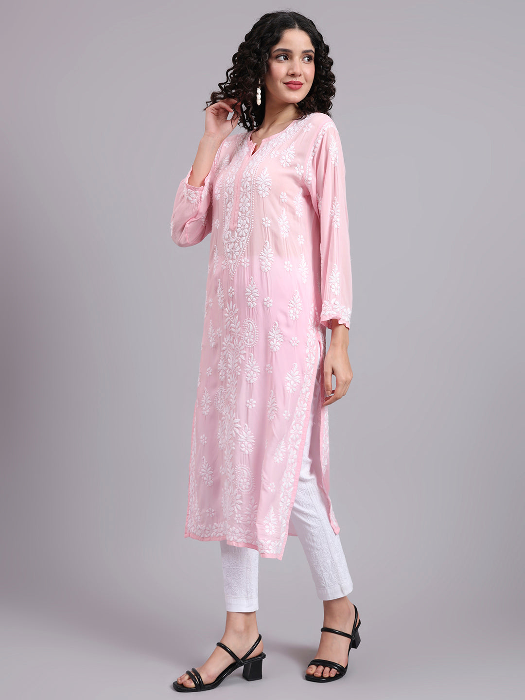 Women Hand Embroidered Chikankari Modal Kurta-AL4042 Pink