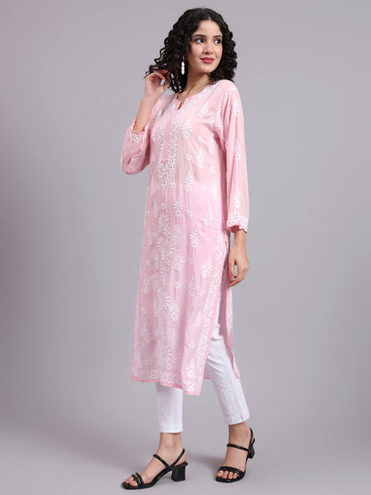 Women Hand Embroidered Chikankari Modal Kurta-AL4042 Pink