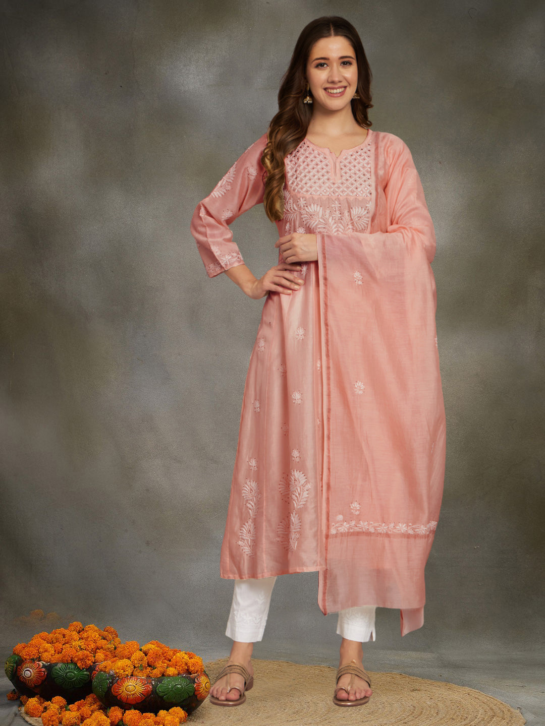 Hand embroidered Chikankari Chanderi Cotton Kurta Set and Dupatta with Mukaish AL3665KS