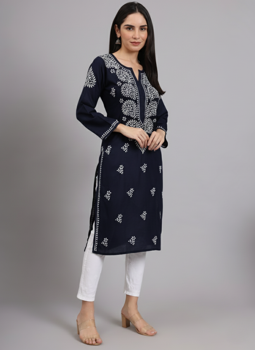 Women Chikankari Hand Embroidered Cotton Kurta -AL3997 Navy