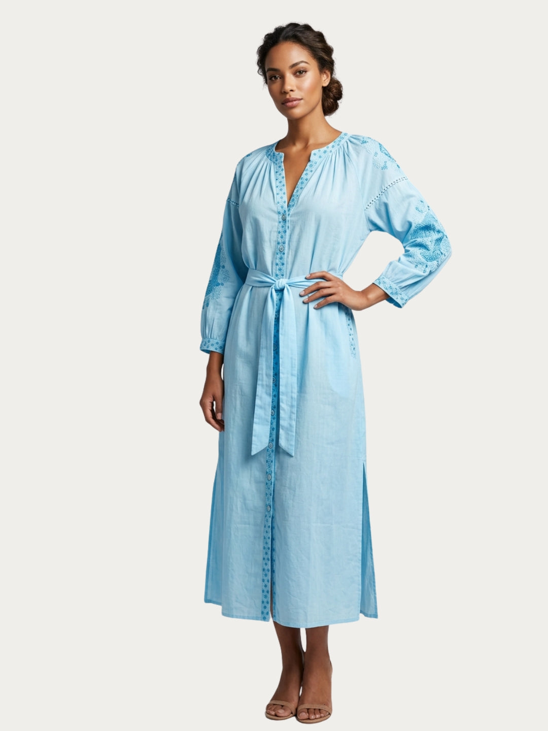 Women Embroidered With Belt Cotton Rayon Dress -AL3722