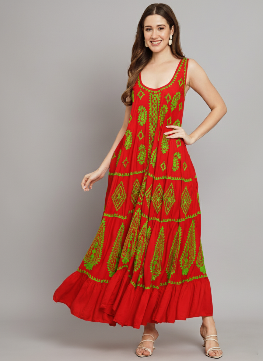 Hand Embroidered Chikankari Modal Kaftan-AL3605A Red