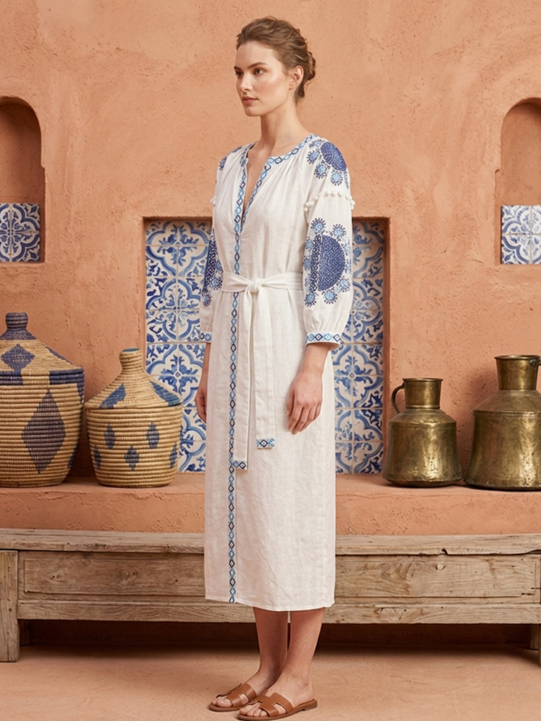 Women Embroidered With Belt Cotton Rayon Dress -AL3722