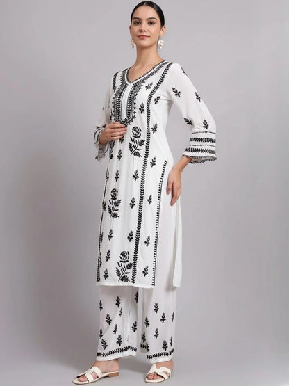 Women Hand Embroidered Lucknowi Chikankari Rayon Kurta Set-AL4078KS White & Black