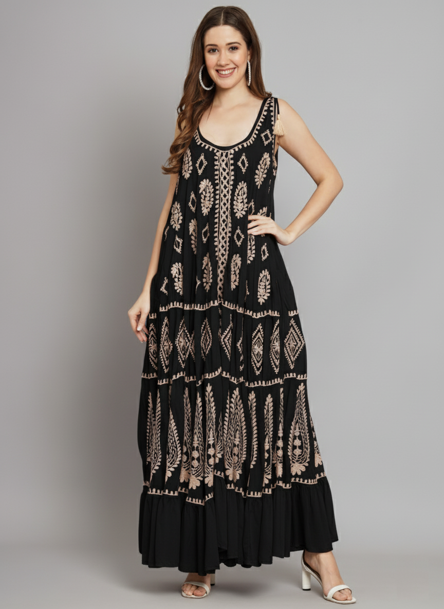 Hand Embroidered Chikankari Modal Kaftan-AL3605A Red