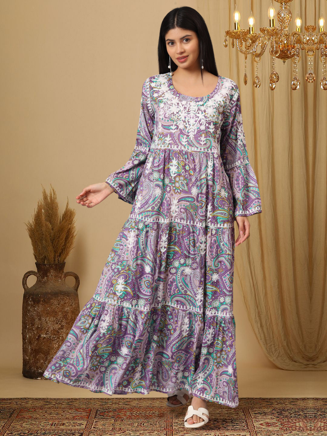 Hand Embroidered Chikankari A-Line Gathering Pattern Mulmul Cotton Jalabiya-AL3673 Lavender & Green