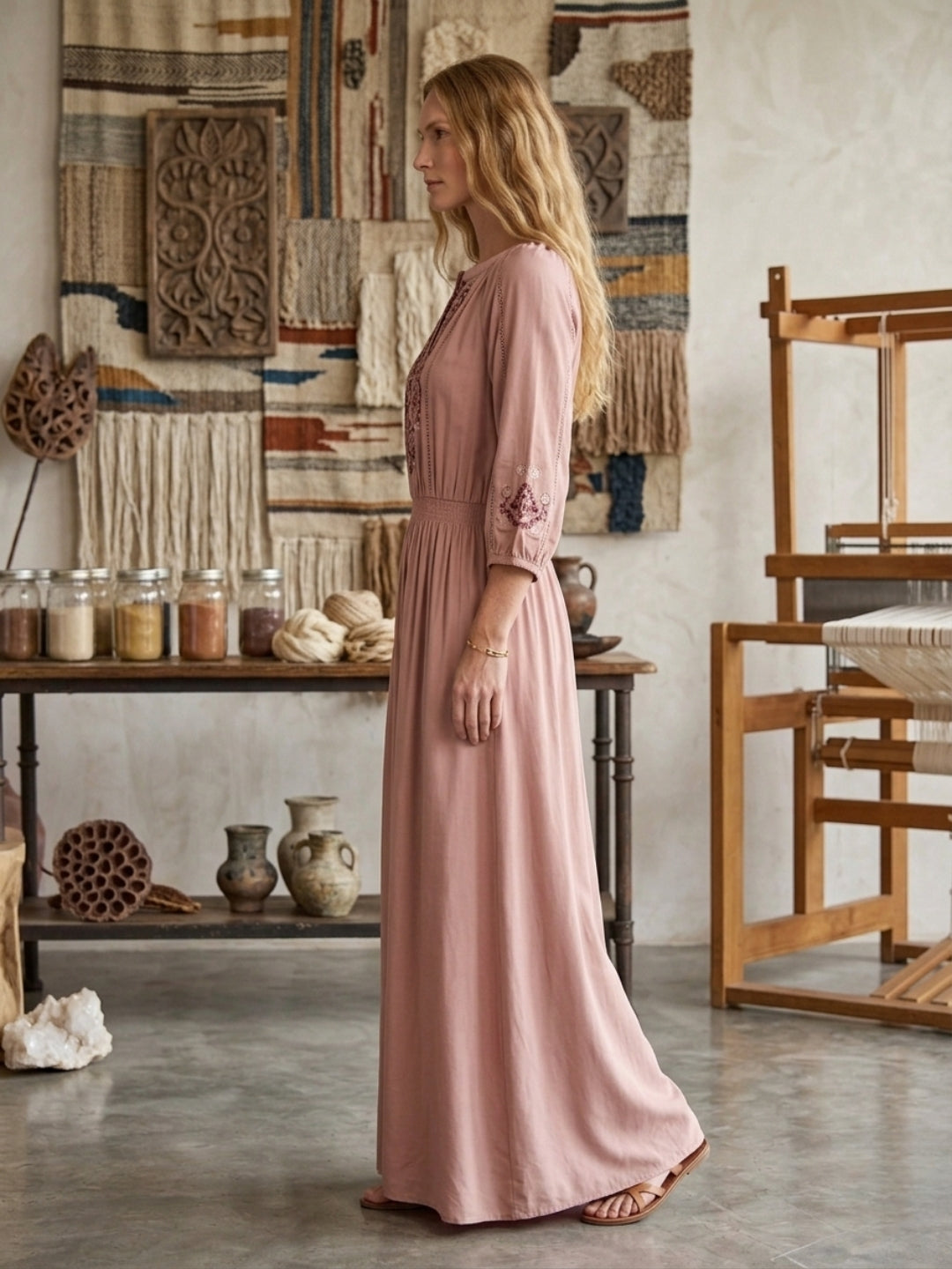 Women Embroidered  Rayon Full Length Dress -AL3727