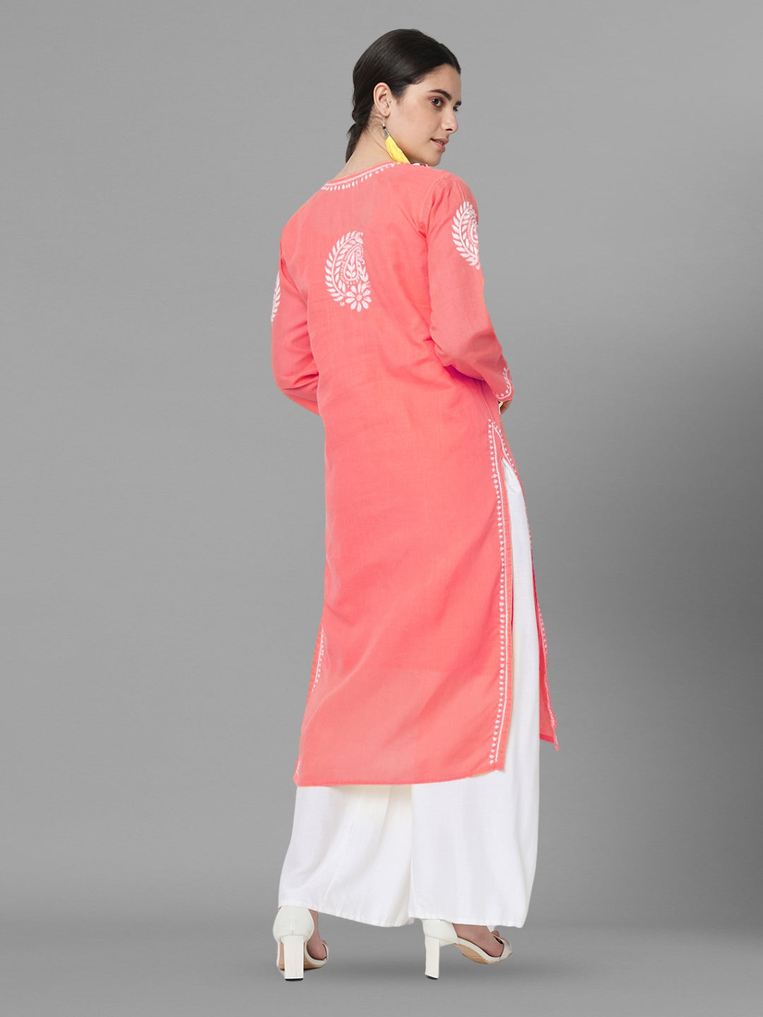 Hand Embroidered Chikankari Cotton Straight Kurta-AL3561 Coral