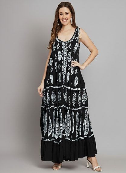 Hand Embroidered Chikankari Modal Kaftan-AL3605A Red