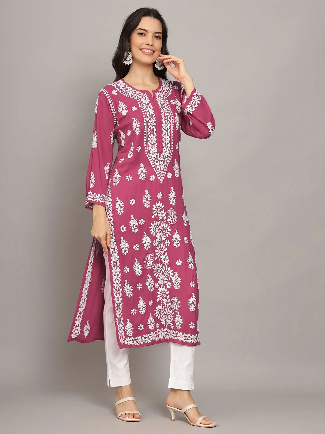 Women Chikankari Hand Embroidered Modal Kurta -AL4042 Mulberry