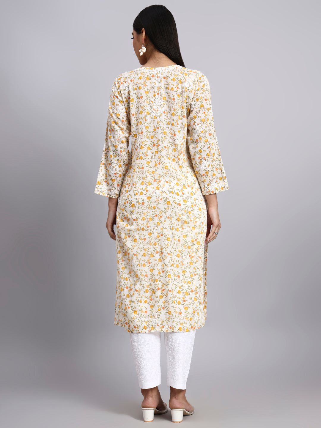 Hand Embroidered Chikankari Cotton Kurta-AL4105 Yellow