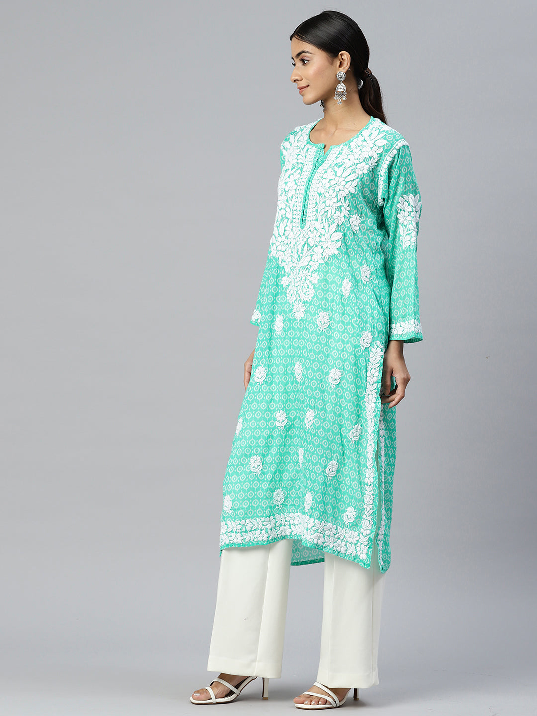 Women Hand Embroidered Lucknowi Chikankari Mulmul Cotton Kurta - AL3650 Green