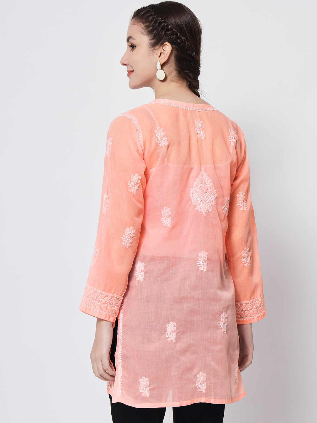 Hand Embroidered Chikankari Cotton Straight Kurti-AL3595 Darkpeach