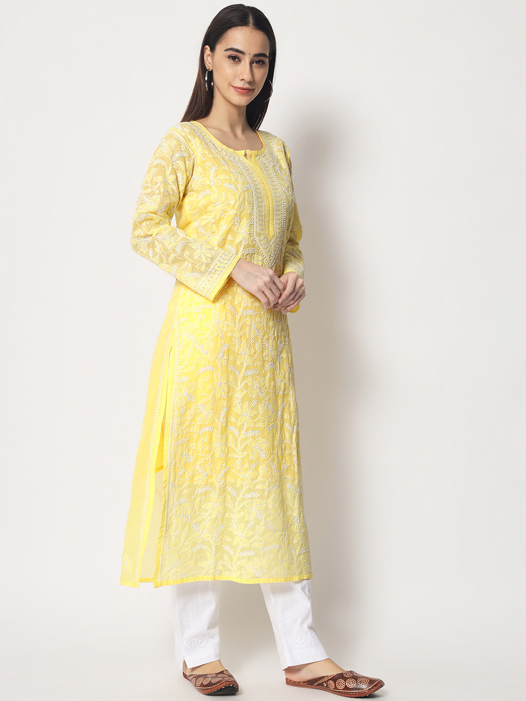 Women Hand Embroidered Chikankari Cotton Straight Kurta- AL3592 Mustard
