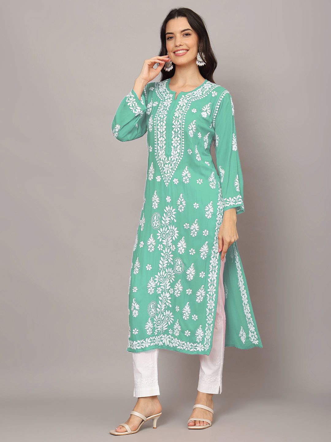 Women Hand Embroidered Chikankari Modal Kurta-AL4042 Sea Green