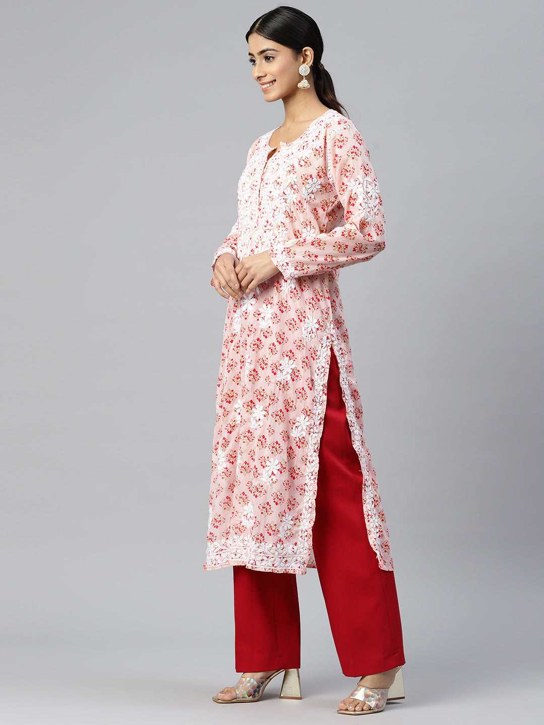 Women Hand Embroidered Chikankari Cotton Kurta-AL3649 Pink