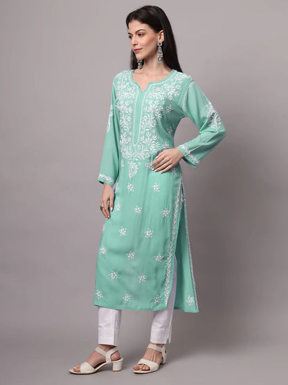 Women Hand Embroidered Chikankari Modal Kurta-AL4059 Sea Green