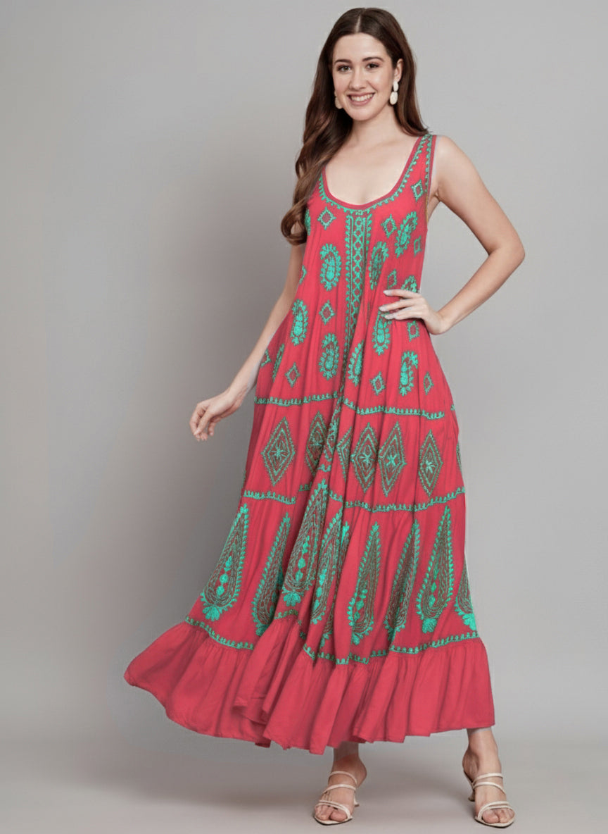 Hand Embroidered Chikankari Modal Kaftan-AL3605C