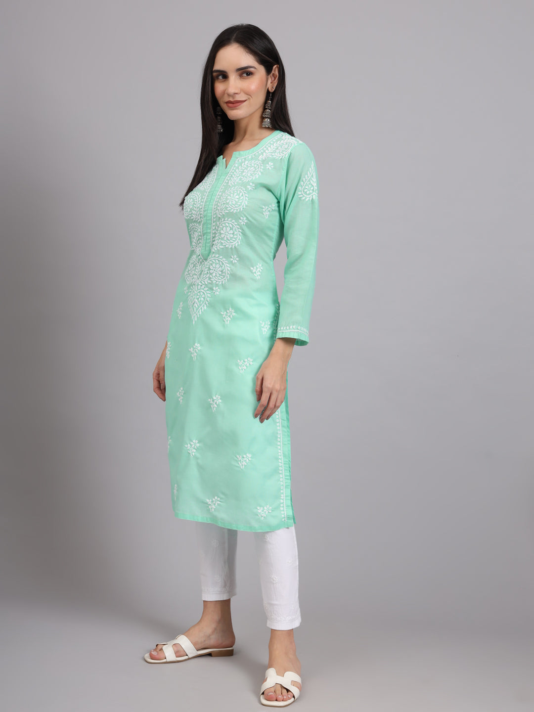 Hand Embroidered Chikankari Cotton Straight Kurta-AL3997 Sea Green
