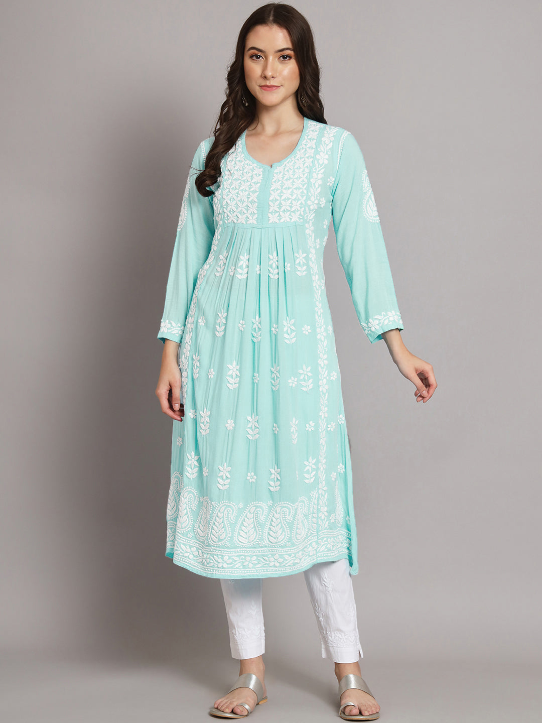 Women Hand Embroidered Chikankari Rayon Kurta-AL3549 Seagreen