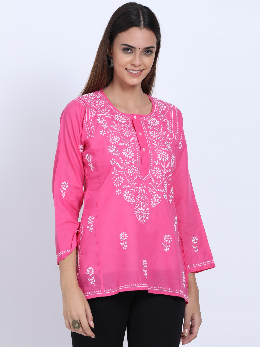 Women Hand Embroidered Chikankari Cotton Short Kurti-ALSTV115 Hotpink