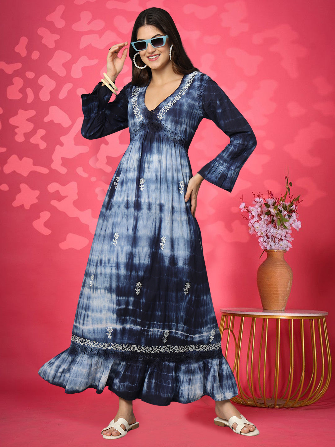 Women Chikankari Hand Embroidered Cotton Jalabiya in Tie-Dye shades-AL2160 Navy