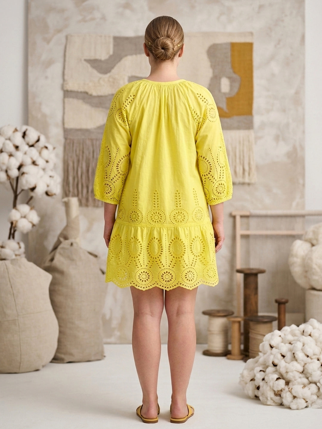Women   Cotton Midi Dress -AL3709 Yellow