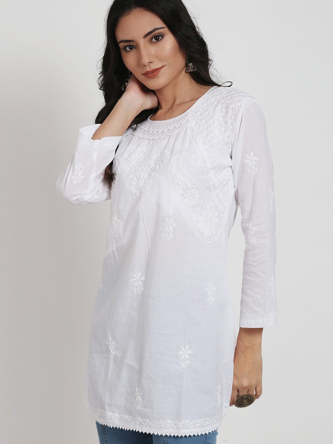 Hand Embroidered Chikankari Cotton A-Line Sustainable Tunics-AL920