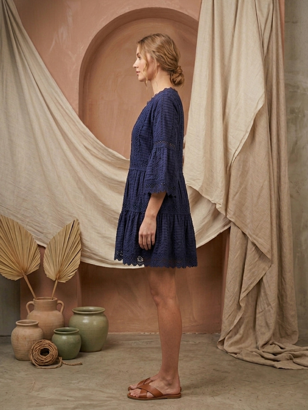 Women Embroidered  Scalloped Lace Trim Cotton Midi Dress -AL3703 Navy