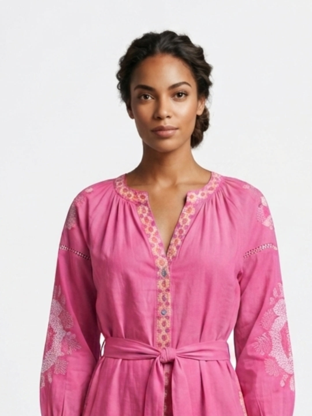 Women Embroidered With Belt Cotton Rayon Dress -AL3722