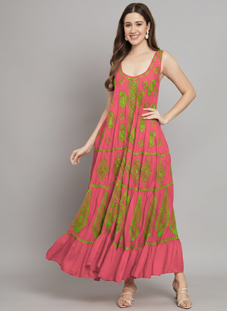 Hand Embroidered Chikankari Modal Kaftan-AL3605C
