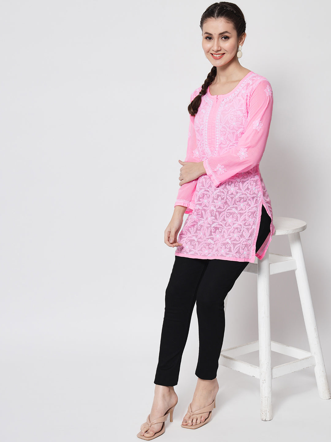 Hand Embroidered Chikankari Cotton Straight Tunic-AL3591 Darkpink