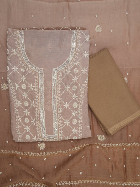 Women Hand Embroidered Premium Chikankari Mul Chanderi Unstitched Kurta Dupatta Bottom Set-ALSCA85201FS Brown