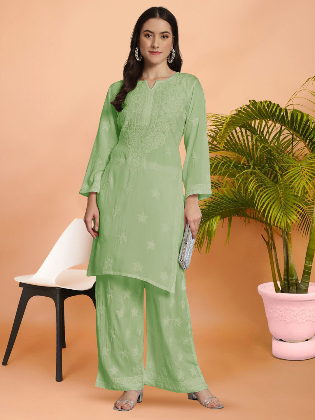 Hand Embroidered Chikankari Modal Kurta with Palazzo- AL3662KS Green